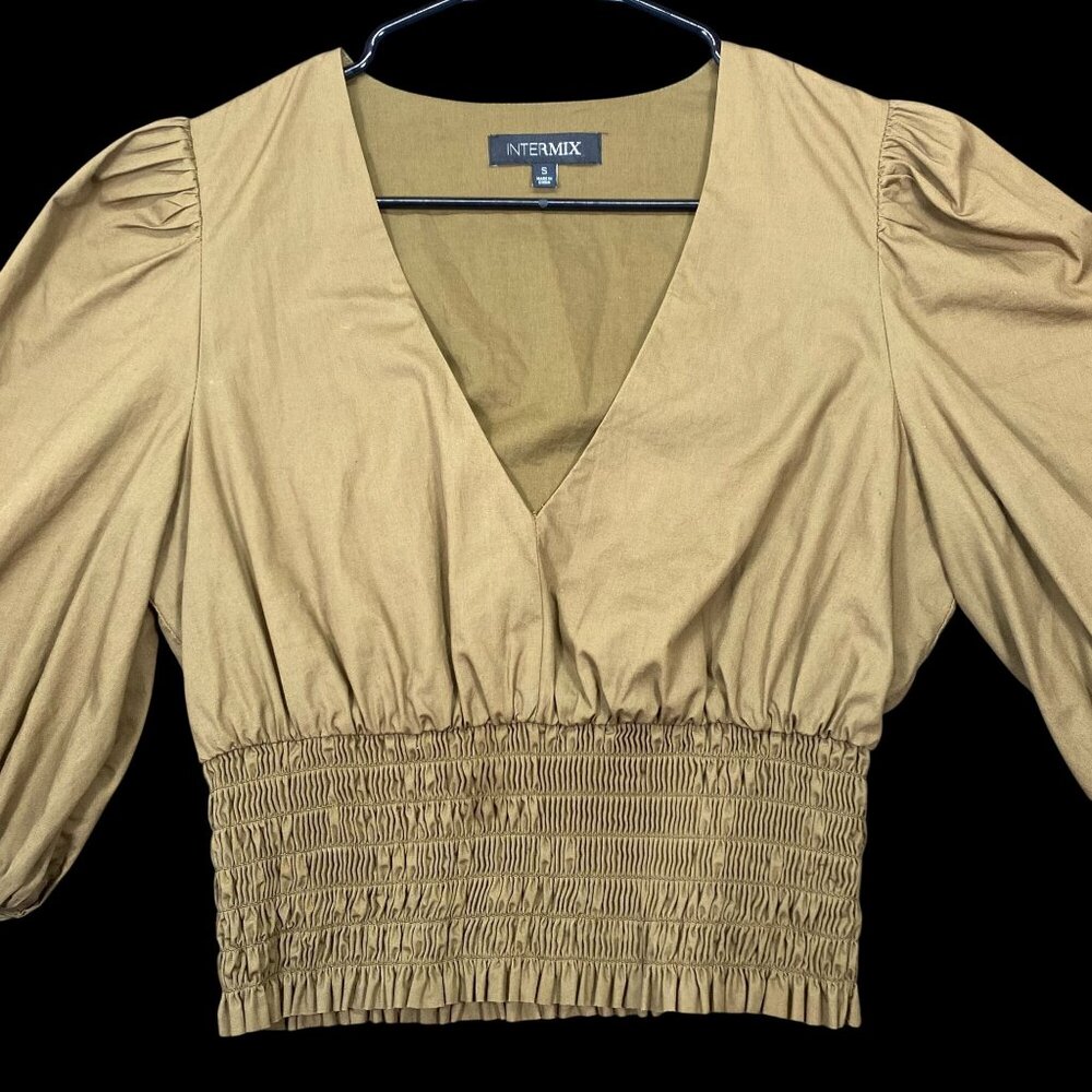 Intermix Womens Smocked Waist V-Neck Blouse Size Small Olive Green
